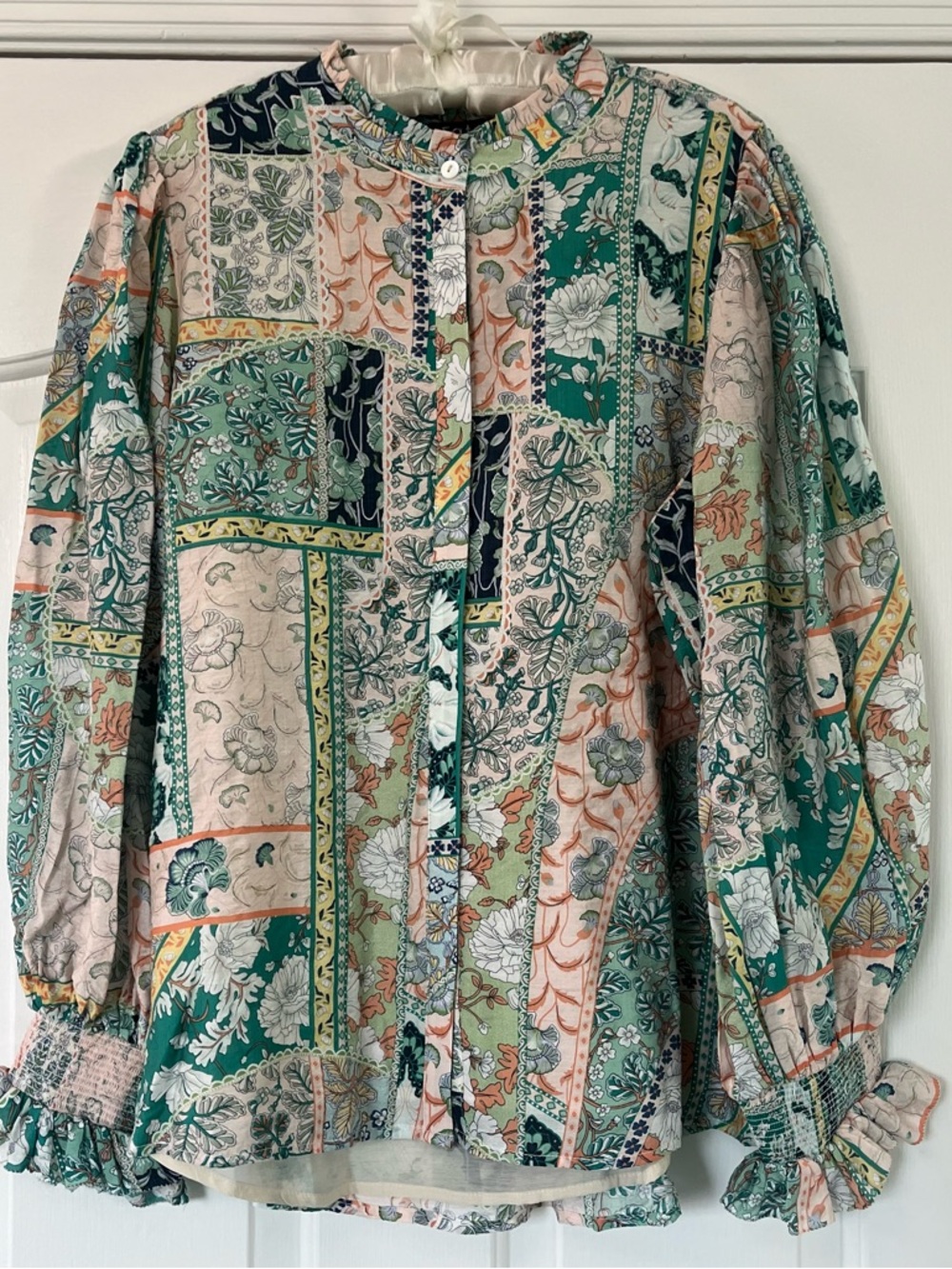 Fate Patchwork Floral Button-Up Blouse in Green, Peach, Cream